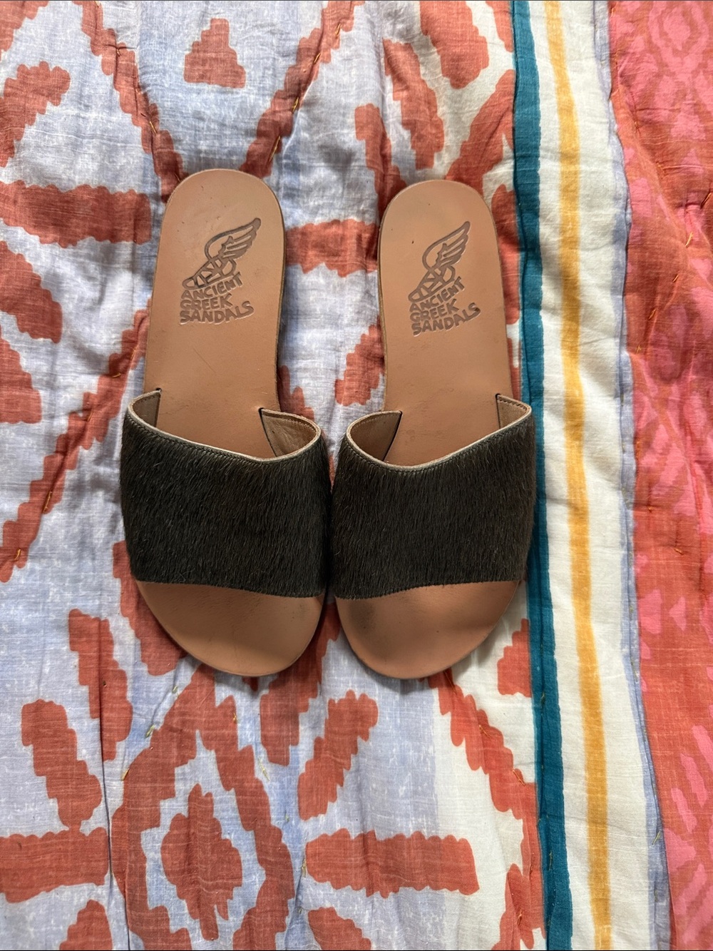 Ancient Greek Sandals dark green Ponyhair leather Slide